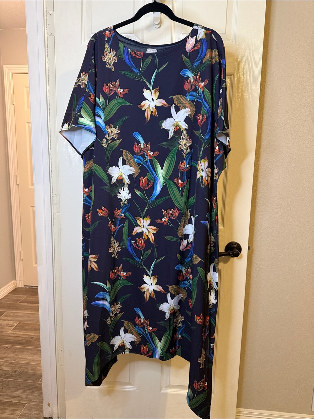 Chico's Navy Tropical Floral Midi Dress with Green, Red, Blue & White Accents